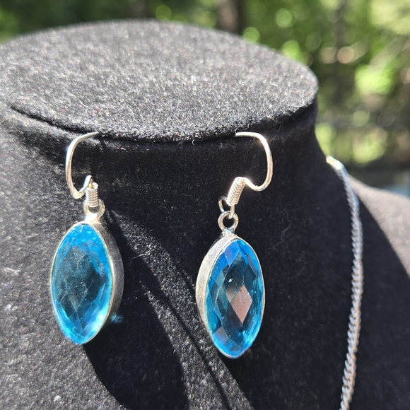 Blue Topaz Teardrop Beveled Necklace 18 Bracelet 10 Ring 4.5 Earring SET